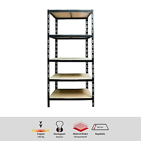 Regalux Schwerlastregal M (H x B x T: 180 x 60 x 50 cm, Traglast pro Boden: 290 kg, Anzahl Böden: 5 Stk., Stecken, Schwarz)