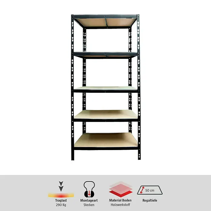 Regalux Schwerlastregal M - H x B x T: 180 x 60 x 50 cm, Traglast pro Boden: 290 kg, Anzahl Böden: 5 Stk., Stecken, Schwarz - Das Bild zeigt ein Regal mit fünf Ablagen, das sich ideal für die Lagerung verschiedener Gegenstände eignet.