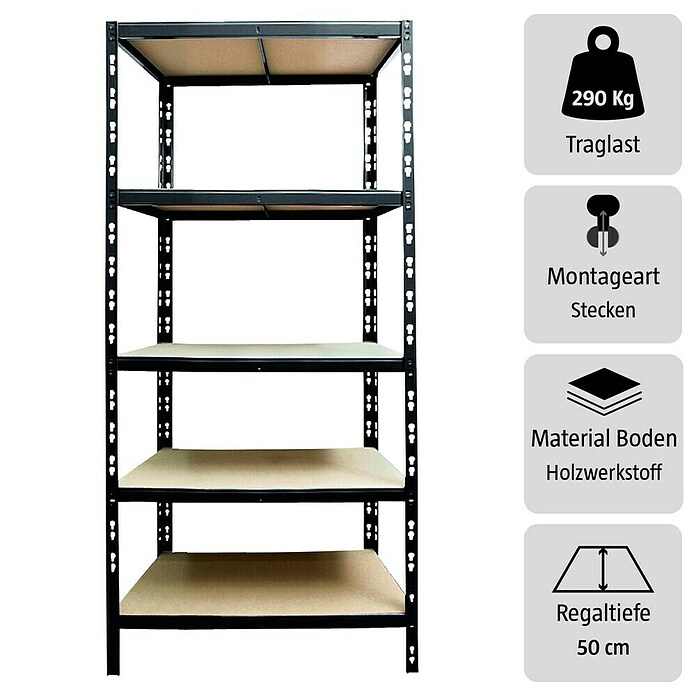 Regalux Schwerlastregal M (H x B x T: 180 x 60 x 50 cm, Traglast pro Boden: 290 kg, Anzahl Böden: 5 Stk., Stecken, Schwarz) | BAUHAUS