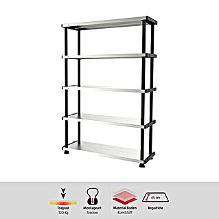 Terry Kunststoffregal MP Shelf 120 RC (H x B x T: 185 x 119 x 45 cm, Traglast pro Boden: 120 kg, Anzahl Böden: 5 Stk., Stecken, Silber)
