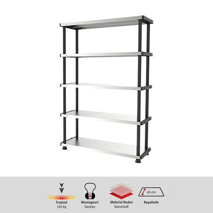Terry Kunststoffregal MP Shelf 120 RC - H x B x T: 185 x 119 x 45 cm, Traglast pro Boden: 120 kg, Anzahl Böden: 5 Stk., Stecken, Silber - Abbildung eines 5-stöckigen Schwerlastregals aus Edelstahl und Kunststoff, ideal für Lagerung und Organisation.