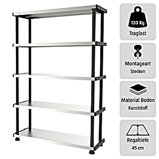 Terry Kunststoffregal MP Shelf 120 RC (H x B x T: 185 x 119 x 45 cm, Traglast pro Boden: 120 kg, Anzahl Böden: 5 Stk., Stecken, Silber)