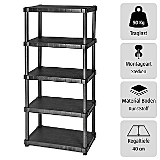 Regalux Kunststoffregal (H x B x T: 188 x 80 x 40 cm, Traglast pro Boden: 50 kg, Anzahl Böden: 5 Stk., Stecken, Schwarz)