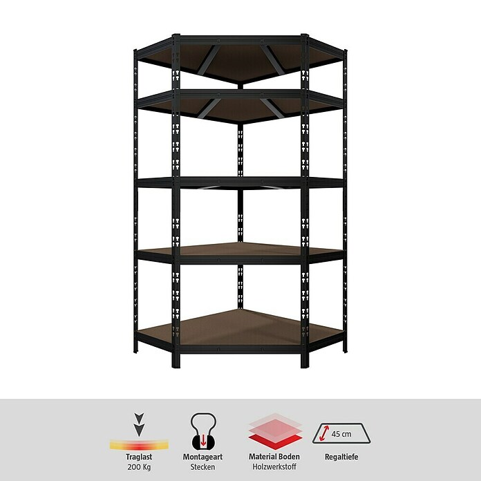 Regalux Eckregal (H x B x T: 180 x 75 x 45 cm, Traglast pro Boden: 200 kg, Anzahl Böden: 5 Stk., Stecken, Schwarz) | BAUHAUS