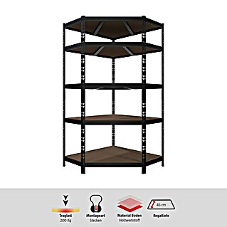 Regalux Eckregal (H x B x T: 180 x 75 x 45 cm, Traglast pro Boden: 200 kg, Anzahl Böden: 5 Stk., Stecken, Schwarz)