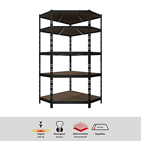 Regalux Eckregal (H x B x T: 180 x 75 x 45 cm, Traglast pro Boden: 200 kg, Anzahl Böden: 5 Stk., Stecken, Schwarz)