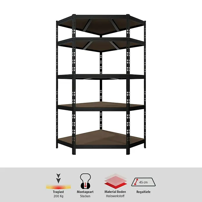 Regalux Eckregal - H x B x T: 180 x 75 x 45 cm, Traglast pro Boden: 200 kg, Anzahl Böden: 5 Stk., Stecken, Schwarz - Produktbild eines Eckregals mit fünf Böden, ideal für Ecken und zur effizienten Raumnutzung. Stabile Konstruktion für hohe Belastbarkeit.