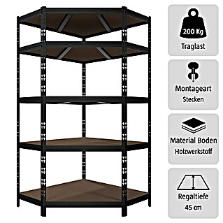 Regalux Eckregal (H x B x T: 180 x 75 x 45 cm, Traglast pro Boden: 200 kg, Anzahl Böden: 5 Stk., Stecken, Schwarz)