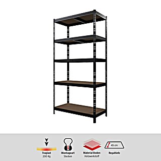 Regalux Schwerlastregal (H x B x T: 180 x 90 x 45 cm, Traglast pro Boden: 200 kg, Anzahl Böden: 5 Stk., Stecken, Schwarz)