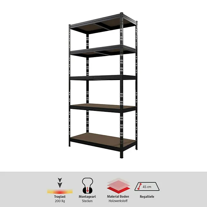 Regalux Schwerlastregal - H x B x T: 180 x 90 x 45 cm, Traglast pro Boden: 200 kg, Anzahl Böden: 5 Stk., Stecken, Schwarz - Ein freistehendes Metallregal mit fünf Regalböden. Ideal zur Aufbewahrung und Organisation von Gegenständen im Lager oder Keller.