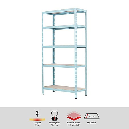 Regalux Metallregal (H x B x T: 180 x 90 x 40 cm, Traglast pro Boden: 175 kg, Anzahl Böden: 5 Stk., Hellgrün, Stecken)