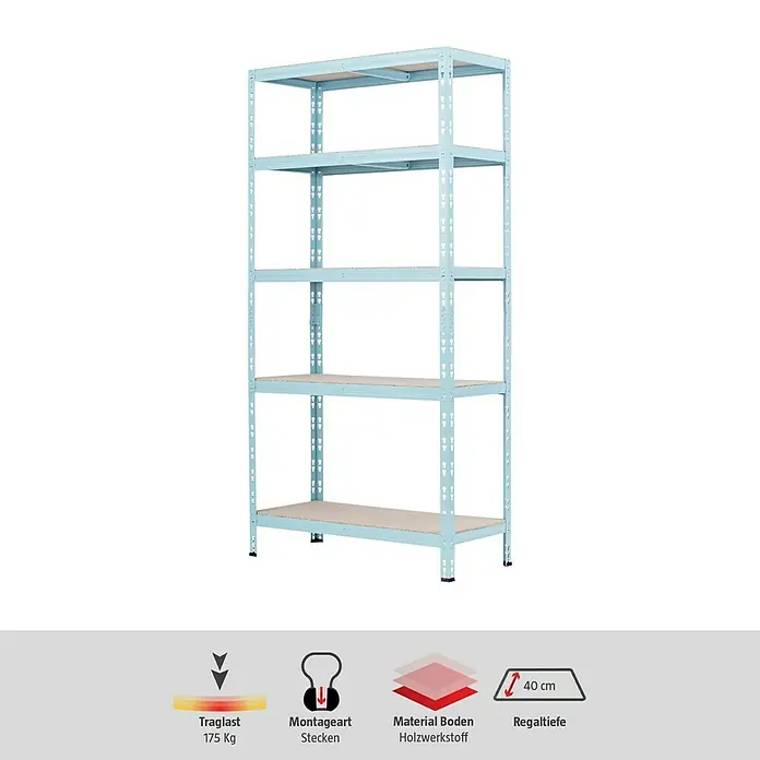 Regalux Metallregal - H x B x T: 180 x 90 x 40 cm, Traglast pro Boden: 175 kg, Anzahl Böden: 5 Stk., Hellgrün, Stecken - Ein blaues Regal mit fünf Holzfächern für Lagerung und Organisation in verschiedenen Räumen wie Keller oder Garage.