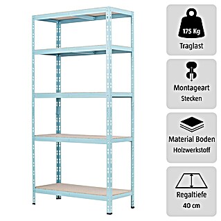 Regalux Metallregal (H x B x T: 180 x 90 x 40 cm, Traglast pro Boden: 175 kg, Anzahl Böden: 5 Stk., Stecken, Hellblau)