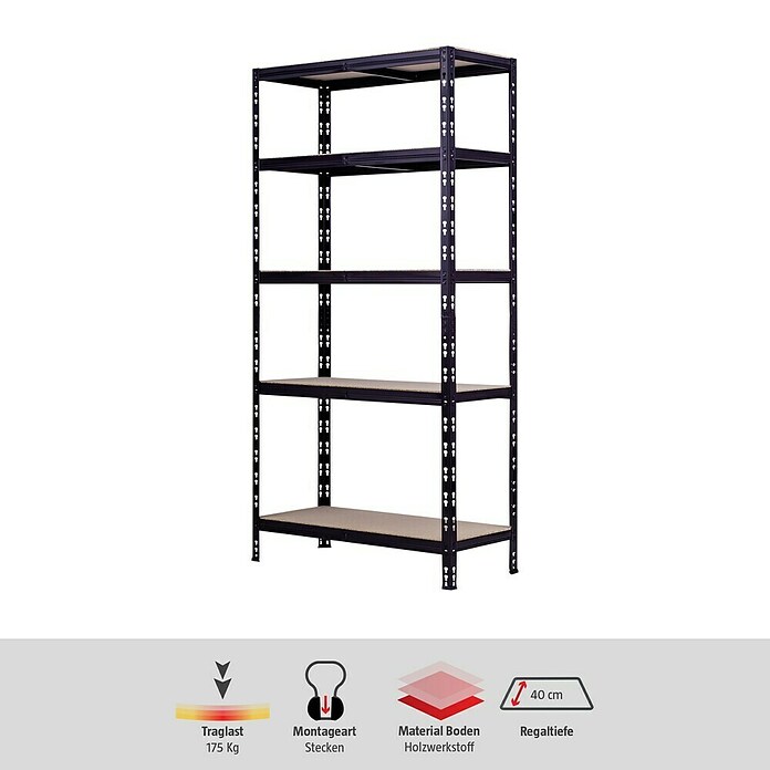 Regalux Metallregal (H x B x T: 180 x 90 x 40 cm, Traglast pro Boden: 175 kg, Anzahl Böden: 5 Stk., Stecken, Schwarz) | BAUHAUS