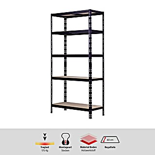 Regalux Metallregal (H x B x T: 180 x 90 x 40 cm, Traglast pro Boden: 175 kg, Anzahl Böden: 5 Stk., Stecken, Schwarz)
