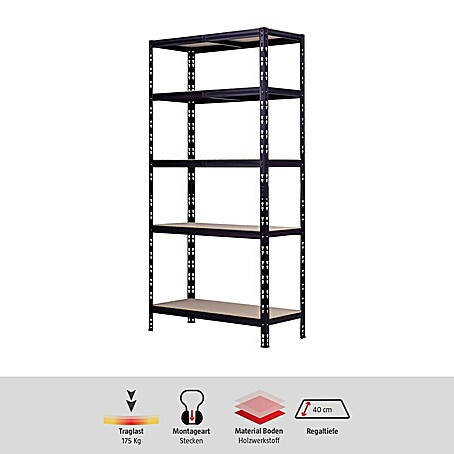 Regalux Metallregal (H x B x T: 180 x 90 x 40 cm, Traglast pro Boden: 175 kg, Anzahl Böden: 5 Stk., Schwarz, Stecken)