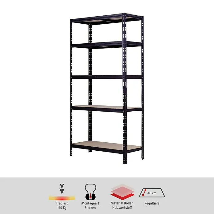 Regalux Metallregal - H x B x T: 180 x 90 x 40 cm, Traglast pro Boden: 175 kg, Anzahl Böden: 5 Stk., Schwarz, Stecken - Ein Regal mit fünf Böden und einem stabilen, dunklen Rahmen. Ideal für Lagerung und Ordnung.