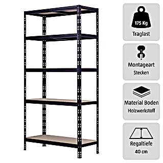 Regalux Metallregal (H x B x T: 180 x 90 x 40 cm, Traglast pro Boden: 175 kg, Anzahl Böden: 5 Stk., Stecken, Schwarz)