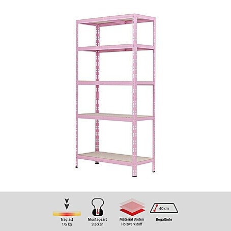 Regalux Metallregal (H x B x T: 180 x 90 x 40 cm, Traglast pro Boden: 175 kg, Anzahl Böden: 5 Stk., Rosa, Stecken)