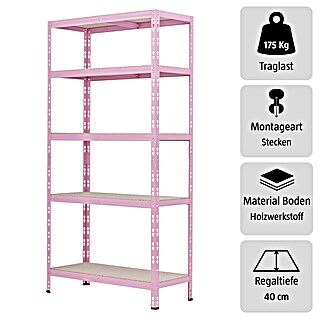 Regalux Metallregal (H x B x T: 180 x 90 x 40 cm, Traglast pro Boden: 175 kg, Anzahl Böden: 5 Stk., Stecken, Rosa)