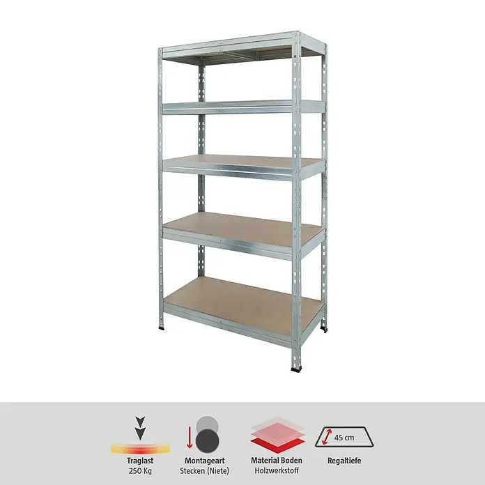 AR Shelving Schwerlastregal Rivet - H x B x T: 180 x 90 x 45 cm, Traglast pro Boden: 250 kg, Anzahl Böden: 5 Stk., Stecken, Silber - Produktfoto: Ein Regal mit fünf Ablagen und einer Traglast von 250 kg, ideal für Lager und Werkstatt.