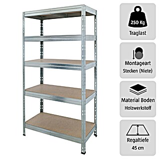Schwerlastregal Rivet (H x B x T: 180 x 90 x 45 cm, Traglast pro Boden: 250 kg, Anzahl Böden: 5 Stk., Stecken, Silber)