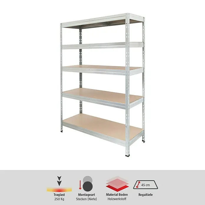 AR Shelving Schwerlastregal RivetH x B x T: 180 x 120 x 45 cm, Traglast pro Boden: 250 kg, Anzahl Böden: 5 Stk., Stecken, Silber - Informationsansicht