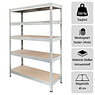 Schwerlastregal Rivet (H x B x T: 180 x 120 x 45 cm, Traglast pro Boden: 250 kg, Anzahl Böden: 5 Stk., Stecken, Silber)