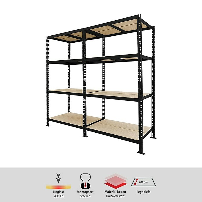 Schwerlastregal (H x B x T: 180 x 200 x 60 cm, Traglast pro Boden: 200 kg, Anzahl Böden: 4 Stk., Stecken, Schwarz) | BAUHAUS