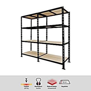 Schwerlastregal (H x B x T: 180 x 200 x 60 cm, Traglast pro Boden: 200 kg, Anzahl Böden: 4 Stk., Stecken, Schwarz)
