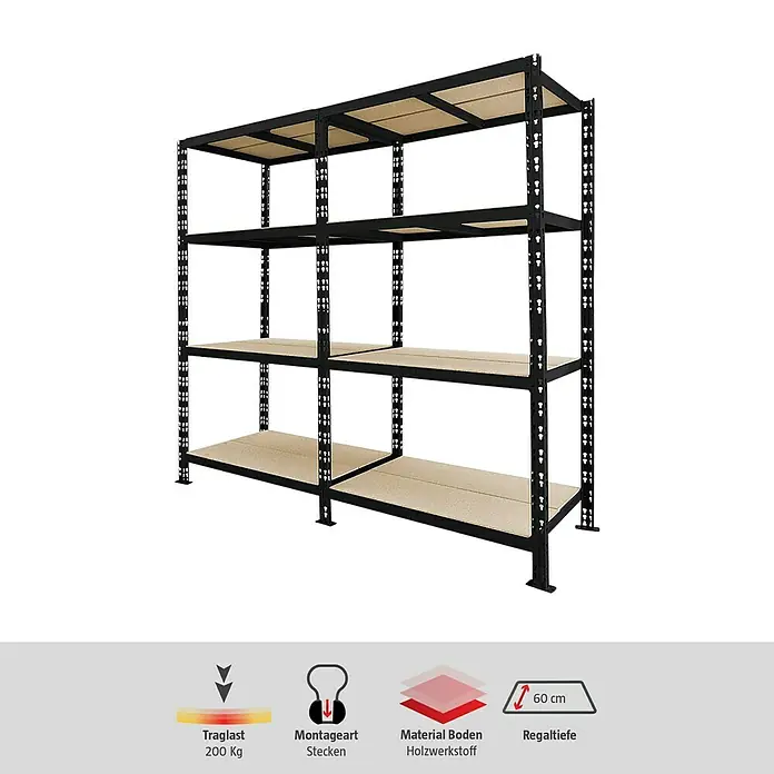 Schwerlastregal - H x B x T: 180 x 200 x 60 cm, Traglast pro Boden: 200 kg, Anzahl Böden: 4 Stk., Stecken, Schwarz - Produktabbildung eines schwarzen Schwerlastregals mit vier Regalböden.
