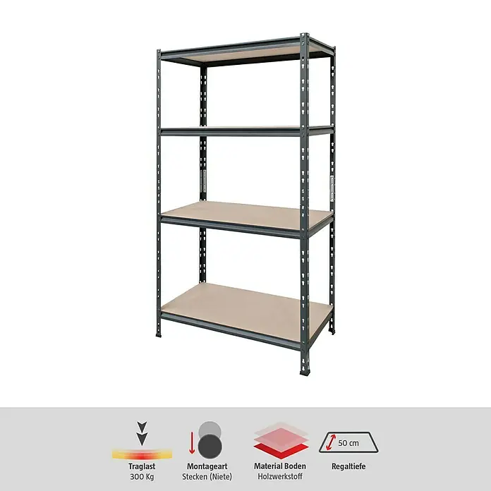 AR Shelving Schwerlastregal Rivet Z - H x B x T: 180 x 100 x 50 cm, Traglast pro Boden: 300 kg, Anzahl Böden: 4 Stk., Stecken, Schwarz - Das Bild zeigt ein freistehendes, vierstöckiges Schwerlastregal mit Holzwerkstoffböden, ideal für Lagerung.
