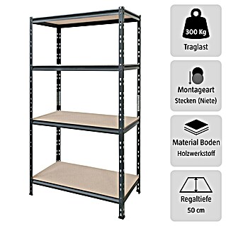 Schwerlastregal Rivet Z (H x B x T: 180 x 100 x 50 cm, Traglast pro Boden: 300 kg, Anzahl Böden: 4 Stk., Stecken, Schwarz)