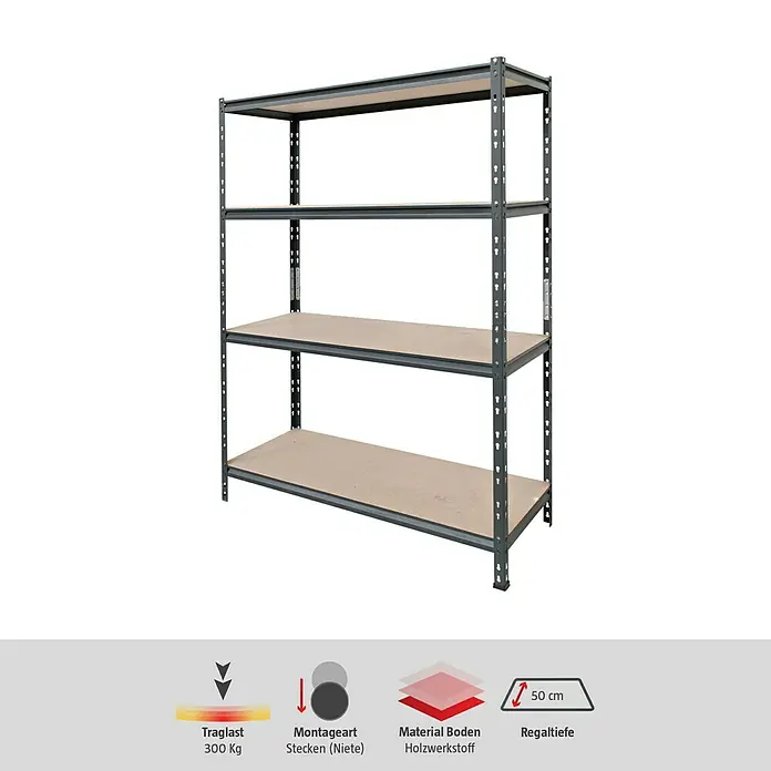 AR Shelving Schwerlastregal Rivet Z - H x B x T: 180 x 120 x 50 cm, Traglast pro Boden: 300 kg, Anzahl Böden: 4 Stk., Stecken, Schwarz - Abbildung eines Schwerlastregals mit vier Böden aus Holzwerkstoff, ideal für Lager und Werkstatt, Traglast 300 kg, Regaltiefe 50 cm.