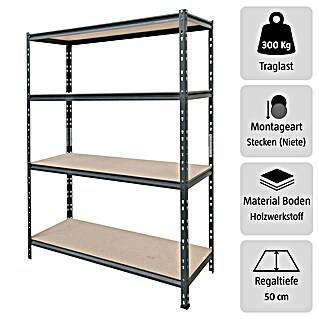 Schwerlastregal Rivet Z (H x B x T: 180 x 120 x 50 cm, Traglast pro Boden: 300 kg, Anzahl Böden: 4 Stk., Stecken, Schwarz)