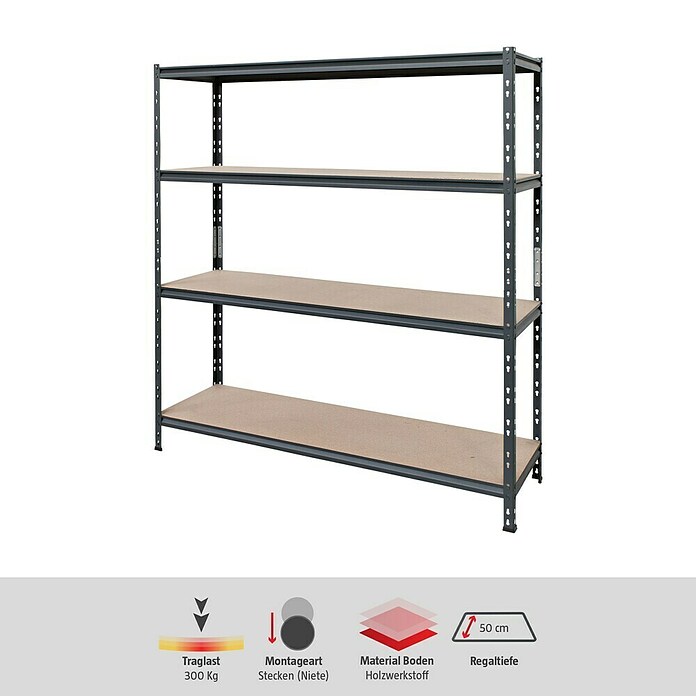 AR Shelving Schwerlastregal Rivet Z (H x B x T: 180 x 150 x 50 cm, Traglast pro Boden: 300 kg, Anzahl Böden: 4 Stk., Stecken, Schwarz) | BAUHAUS