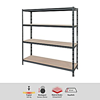 AR Shelving Schwerlastregal Rivet Z (H x B x T: 180 x 150 x 50 cm, Traglast pro Boden: 300 kg, Anzahl Böden: 4 Stk., Stecken, Schwarz)