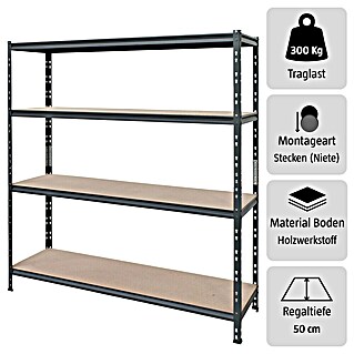 Schwerlastregal Rivet Z (H x B x T: 180 x 150 x 50 cm, Traglast pro Boden: 300 kg, Anzahl Böden: 4 Stk., Stecken, Schwarz)