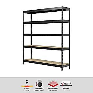 Regalux Schwerlastregal (H x B x T: 180 x 160 x 40 cm, Traglast pro Boden: 265 kg, Anzahl Böden: 5 Stk., Stecken, Anthrazitgrau)