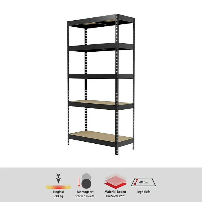 Regalux Schwerlastregal - H x B x T: 180 x 90 x 40 cm, Traglast pro Boden: 210 kg, Anzahl Böden: 5 Stk., Stecken, Anthrazitgrau - Abbildung eines schwarzen Metallregals mit fünf Regalböden und Produktinformationen zu Traglast, Montageart und Material.