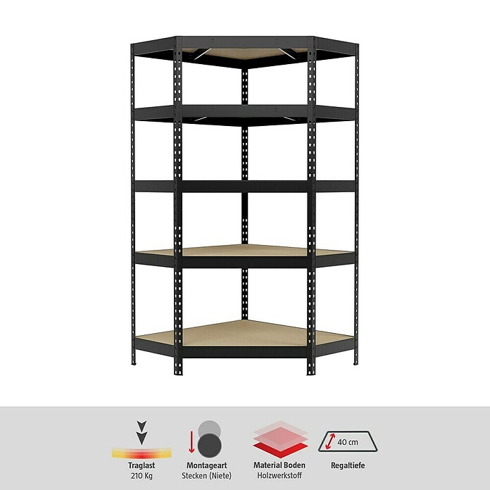 Regalux Eckregal (H x B x T: 180 x 90 x 40 cm, Traglast pro Boden: 210 kg, Anzahl Böden: 5 Stk., Stecken, Anthrazitgrau) | BAUHAUS
