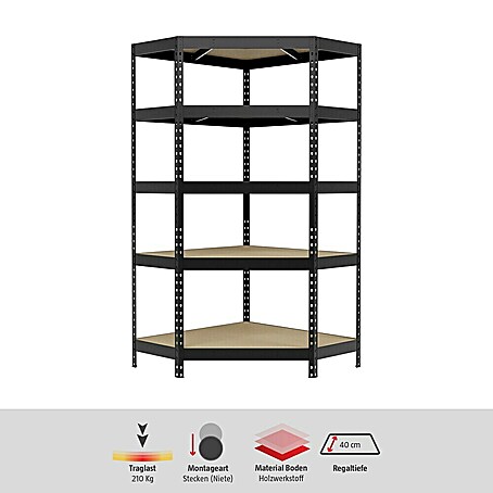 Regalux Eckregal (H x B x T: 180 x 90 x 40 cm, Traglast pro Boden: 210 kg, Anzahl Böden: 5 Stk., Stecken, Anthrazitgrau)