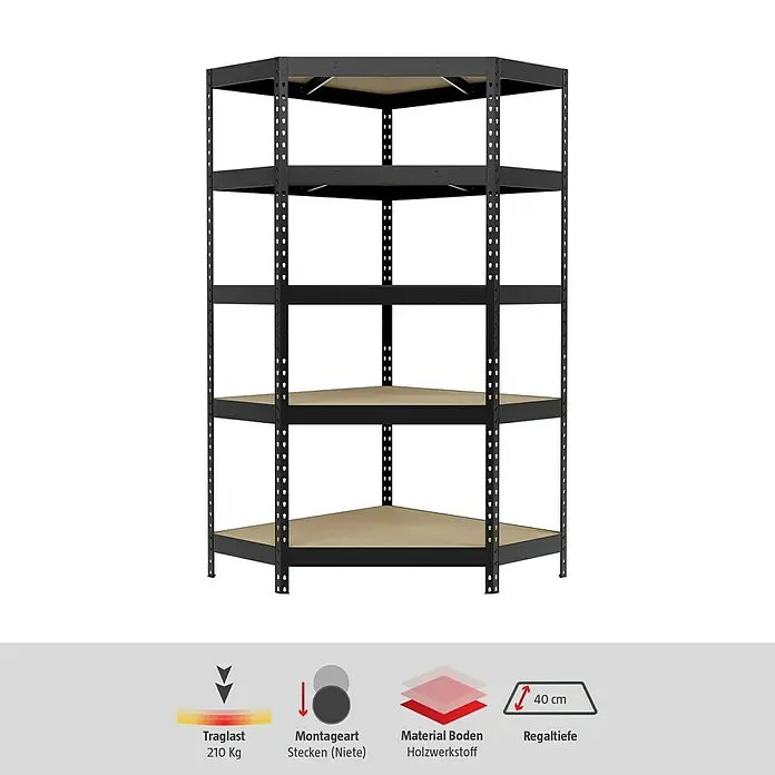 Regalux Eckregal - H x B x T: 180 x 90 x 40 cm, Traglast pro Boden: 210 kg, Anzahl Böden: 5 Stk., Stecken, Anthrazitgrau - Ein schwarzes Eckregal mit fünf Regalböden. Das Regal bietet viel Stauraum und ist ideal für Ecken.