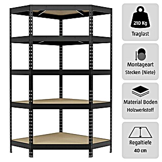 Regalux Eckregal (H x B x T: 180 x 90 x 40 cm, Traglast pro Boden: 210 kg, Anzahl Böden: 5 Stk., Stecken, Anthrazitgrau)