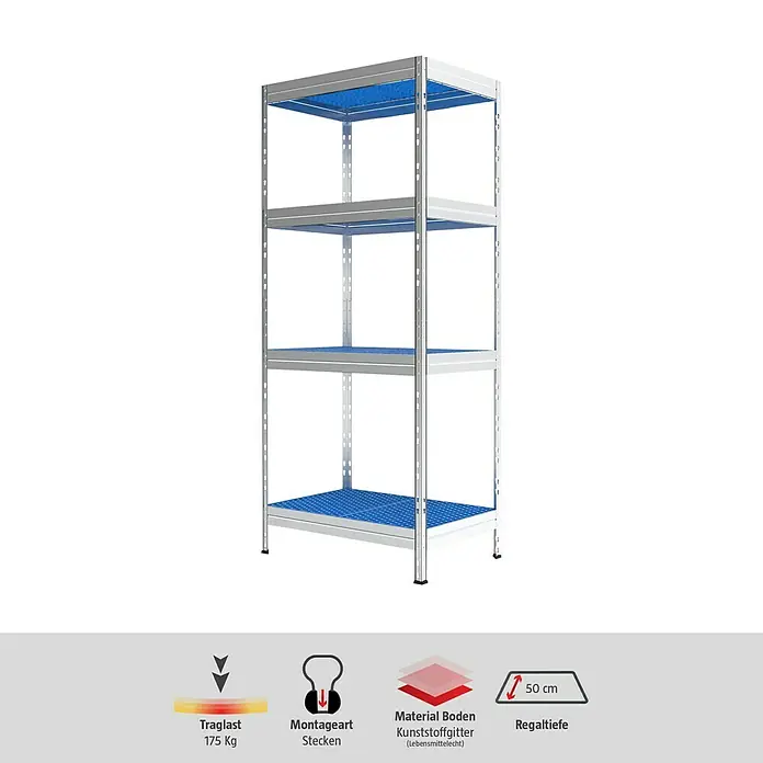 AR Shelving Metallregal Horeca - H x B x T: 180 x 75 x 50 cm, Traglast pro Boden: 175 kg, Anzahl Böden: 4 Stk., Stecken, Silber/Blau - Ein graues Schwerlastregal mit vier blauen Kunststoffgitterböden, ideal für Lagerung und Organisation.