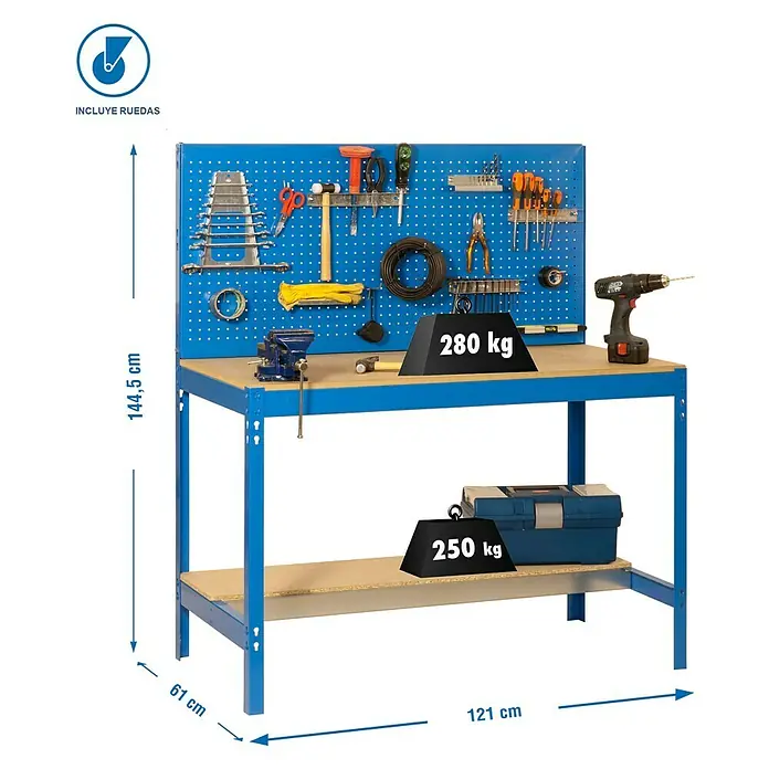 Simonrack Simonwork Banco de trabajo BT2 Mobile - L x An: 61 x 121 cm, Altura de trabajo: 144,5 cm, Carga soportada: 120 kg, Azul - Banco de trabajo con panel porta herramientas y estante. Construcción robusta con dimensiones para taller o sala de hobbies.