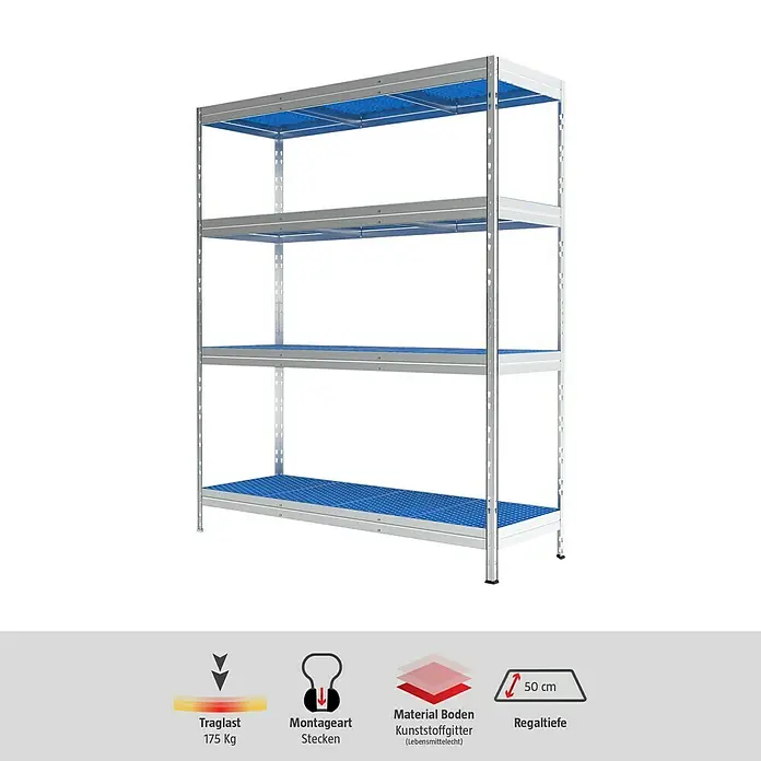 AR Shelving Metallregal Horeca - H x B x T: 180 x 150 x 50 cm, Traglast pro Boden: 175 kg, Anzahl Böden: 4 Stk., Stecken, Silber/Blau - Schwerlastregal mit vier Böden aus Kunststoffgitter, ideal für Lagerung mit hoher Traglast, einfache Steckmontage.