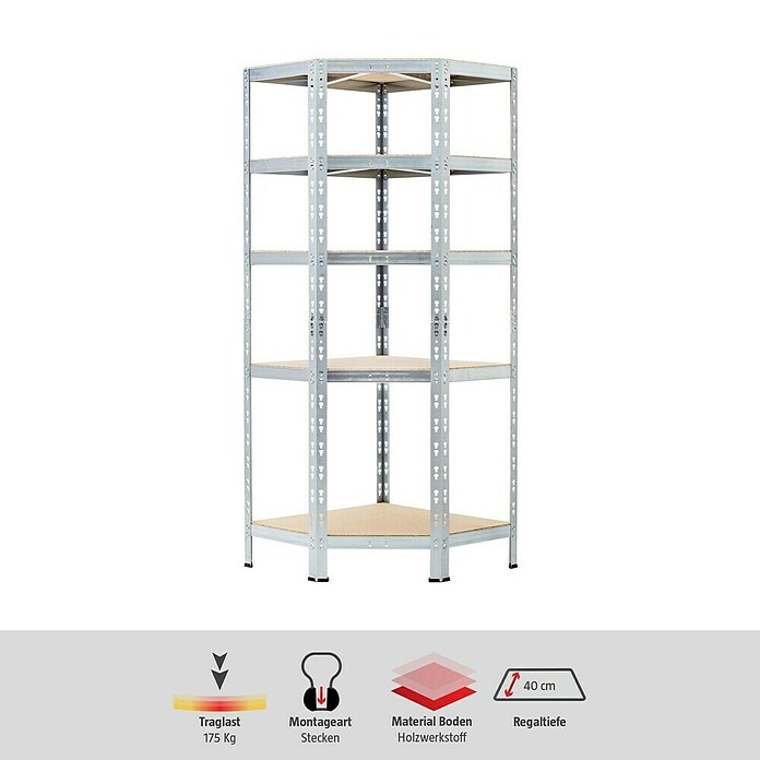 Regalux Eckregal (H x B x T: 180 x 70 x 40 cm, Traglast pro Boden: 175 kg, Anzahl Böden: 5 Stk., Stecken, Silber) | BAUHAUS