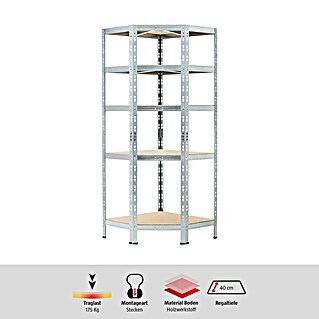 Regalux Eckregal (H x B x T: 180 x 70 x 40 cm, Traglast pro Boden: 175 kg, Anzahl Böden: 5 Stk., Stecken, Silber)