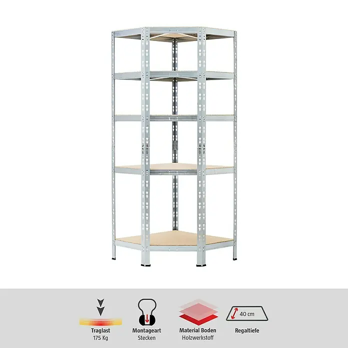 Regalux Eckregal - H x B x T: 180 x 70 x 40 cm, Traglast pro Boden: 175 kg, Anzahl Böden: 5 Stk., Stecken, Silber - Produktbild eines Eckregals mit fünf Holzwerkstoffböden und einem silberfarbenen Metallrahmen.